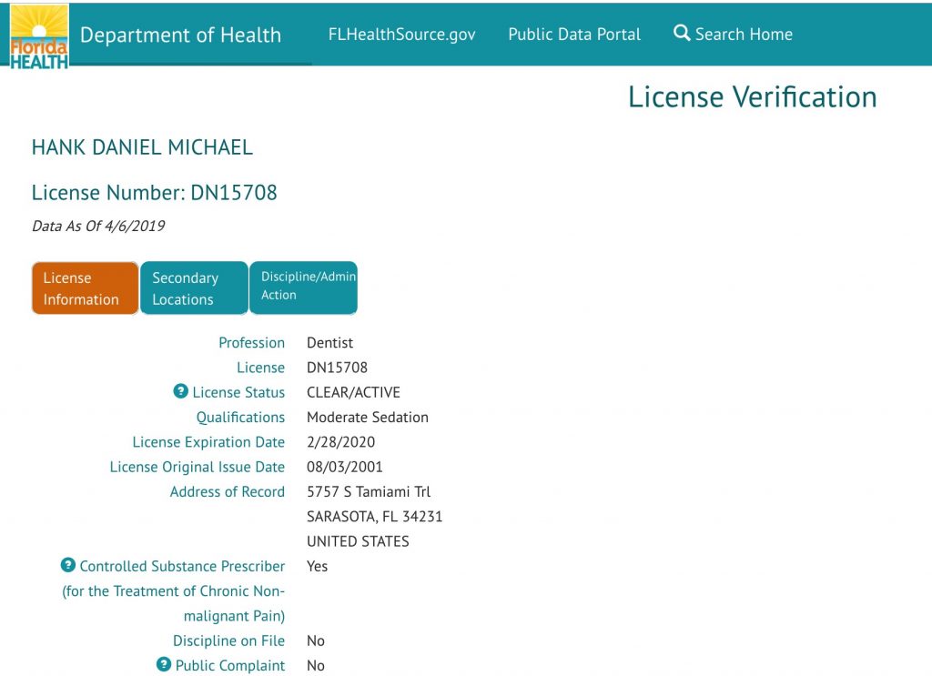 Florida Depart of Health Moderate Sedation Dentistry License for Dr. Hank D Michael DMD of Sarasota Dentistry